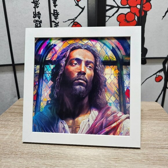 8x8 Black Jesus Stained‎ Glass Wall Art Watercolor Oil Painting Print - Picture 1 of 8